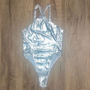 Crisscross Halter Neck Silver Metallic Bodysuit